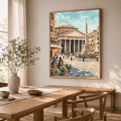 Rome Pantheon and piazza fountain watercolour art print in a natural wood frame in a dining room