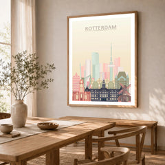 Rotterdam city skyline art print in a natural wood frame in a dining room