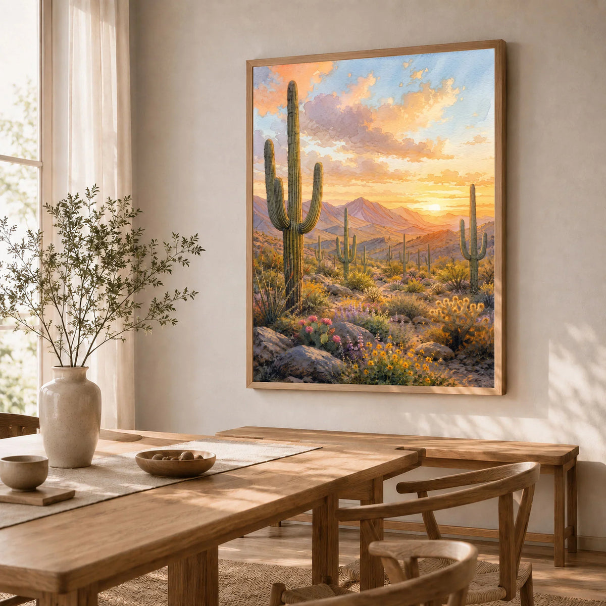 Saguaro National Park saguaro cacti at sunset watercolour art print in a natural wood frame in a dining room