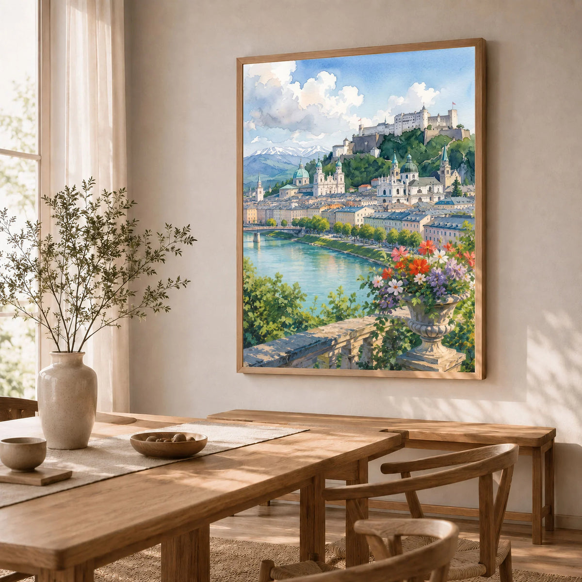 Salzburg Hohensalzburg fortress and old town watercolour art print in a natural wood frame in a dining room