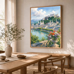 Salzburg Hohensalzburg fortress and old town watercolour art print in a natural wood frame in a dining room