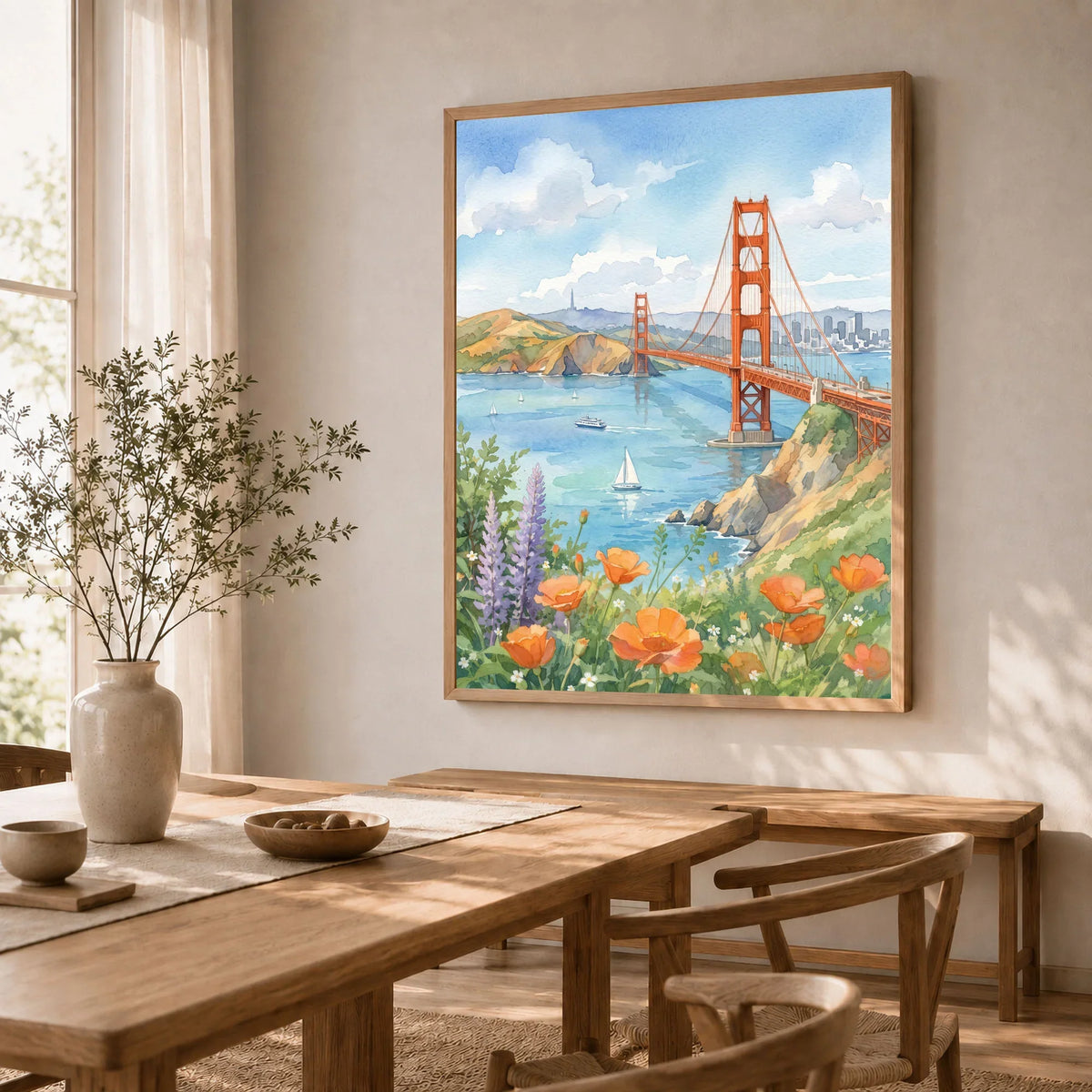 San Francisco Golden Gate Bridge and poppies watercolour art print in a natural wood frame in a dining room