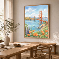 San Francisco Golden Gate Bridge and poppies watercolour art print in a natural wood frame in a dining room