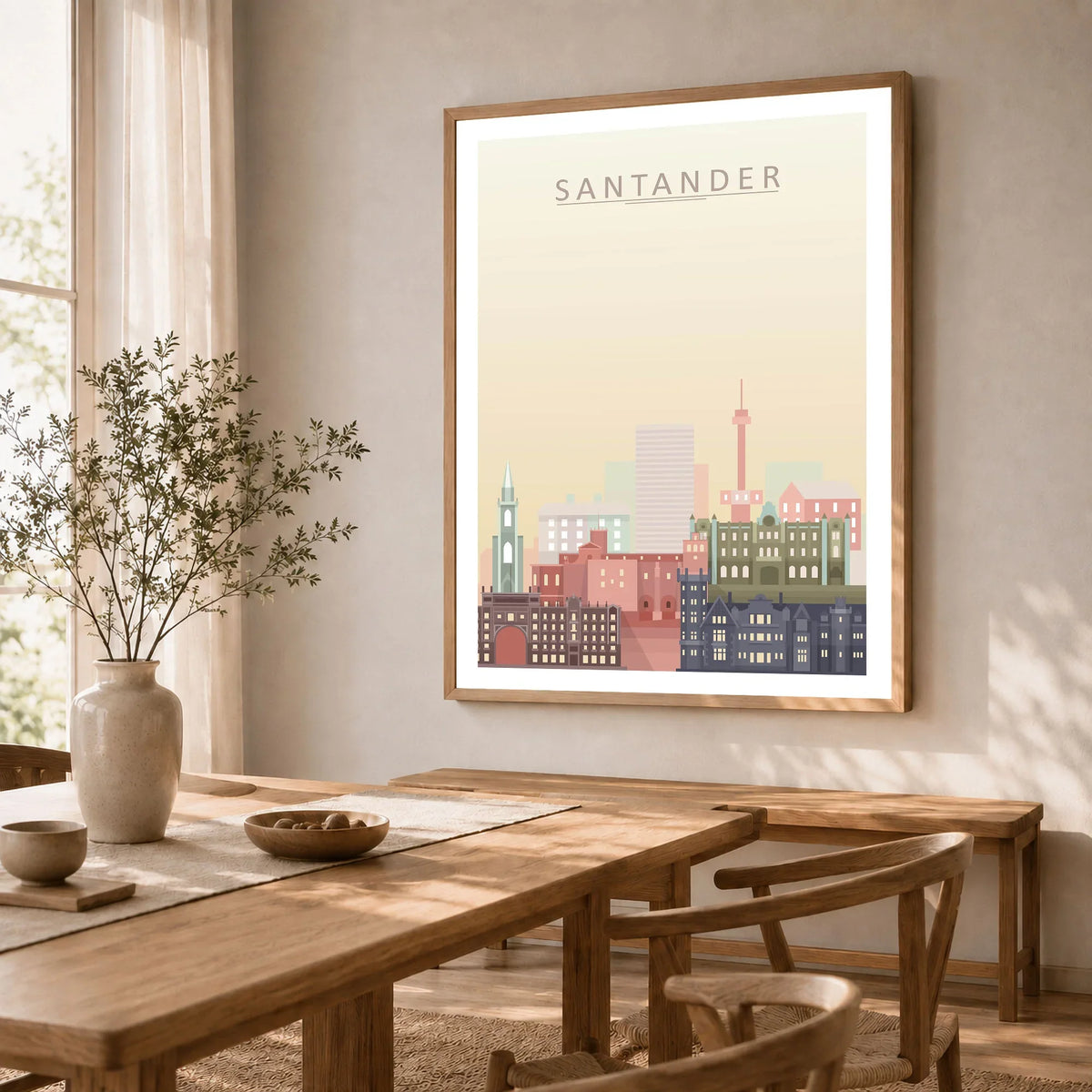 Santander city skyline art print in a natural wood frame in a dining room