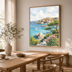 Sardinia turquoise coves and harbour town watercolour art print in a natural wood frame in a dining room
