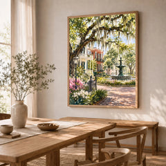 Savannah Spanish moss oaks and park fountain watercolour art print in a natural wood frame in a dining room