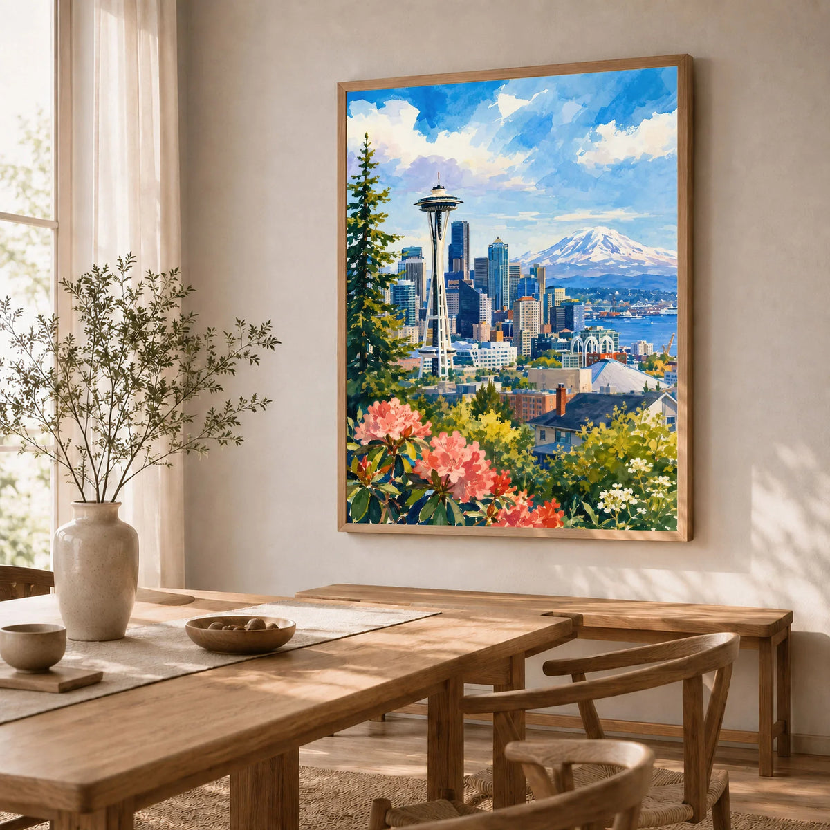 Seattle Space Needle and Mount Rainier watercolour art print in a natural wood frame in a dining room