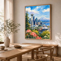 Seattle Space Needle and Mount Rainier watercolour art print in a natural wood frame in a dining room