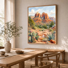Sedona Cathedral Rock watercolour art print in a natural wood frame in a dining room