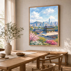 Seoul Gyeongbokgung Palace and skyline watercolour art print in a natural wood frame in a dining room