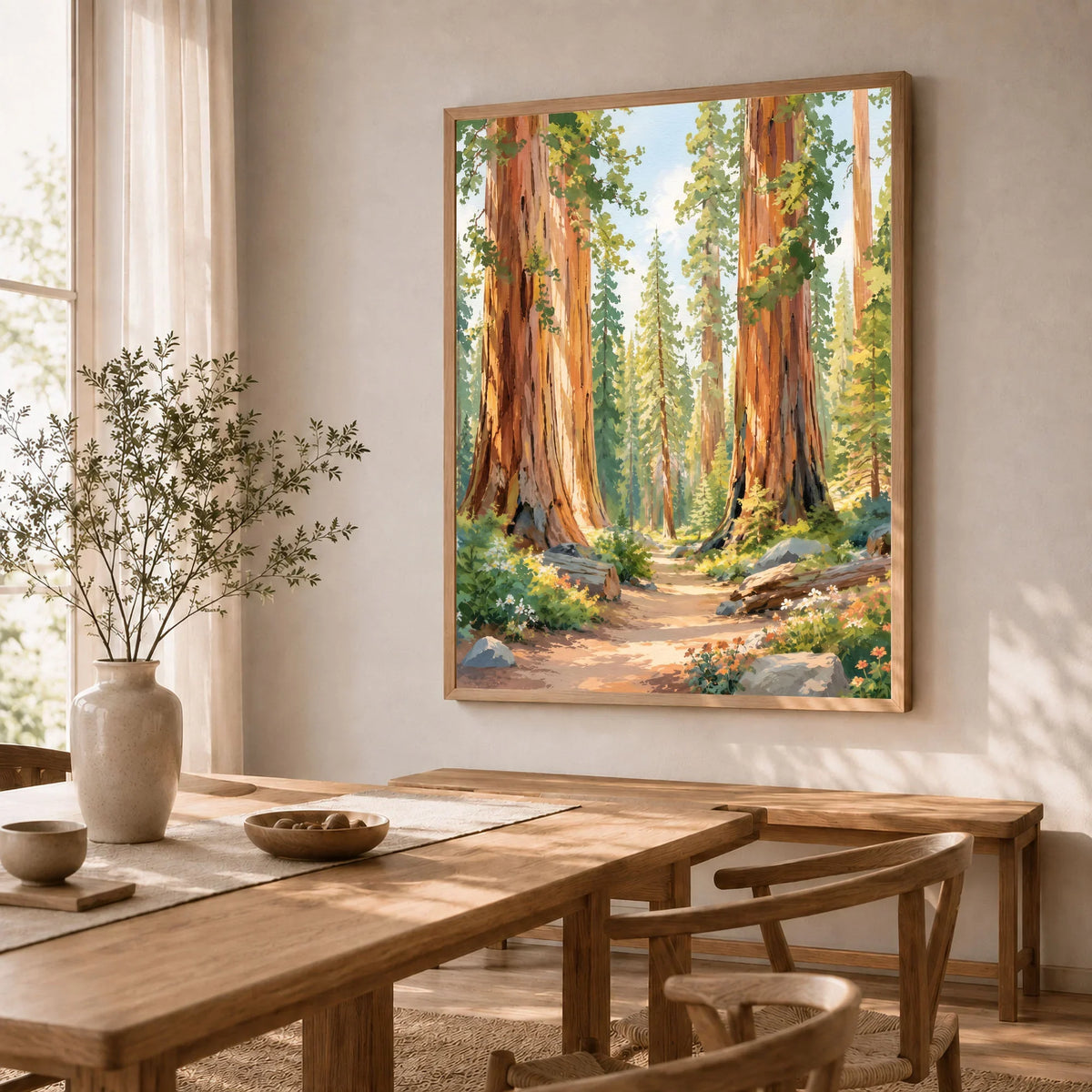 Sequoia National Park giant sequoias and forest trail watercolour art print in a natural wood frame in a dining room