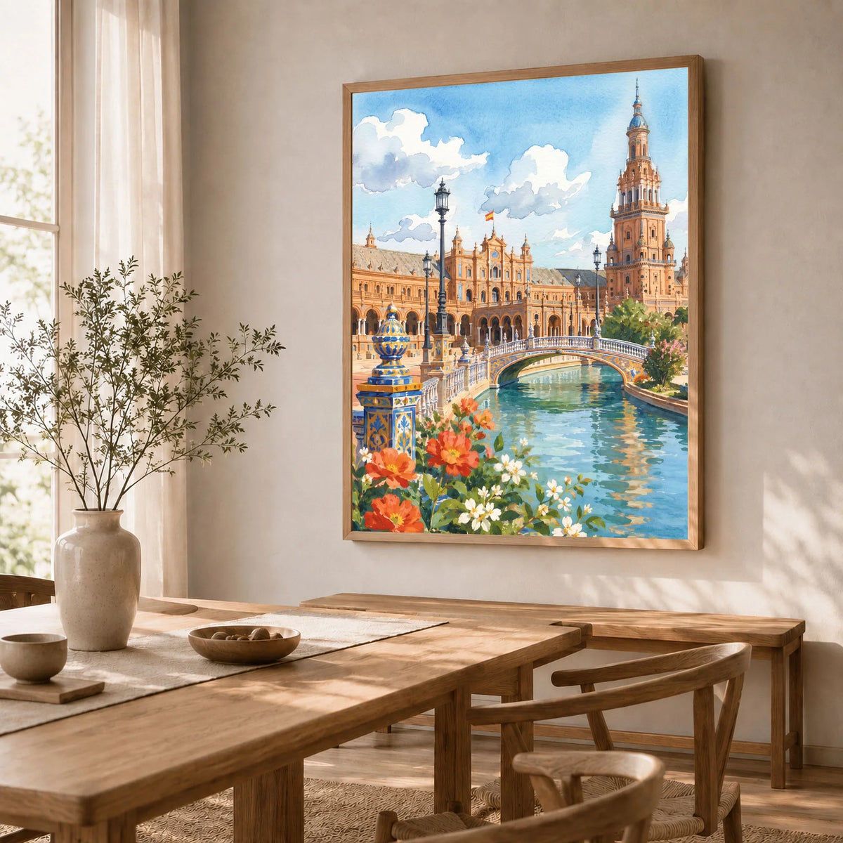 Seville Plaza de España watercolour art print in a natural wood frame in a dining room