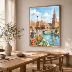 Seville Plaza de España watercolour art print in a natural wood frame in a dining room