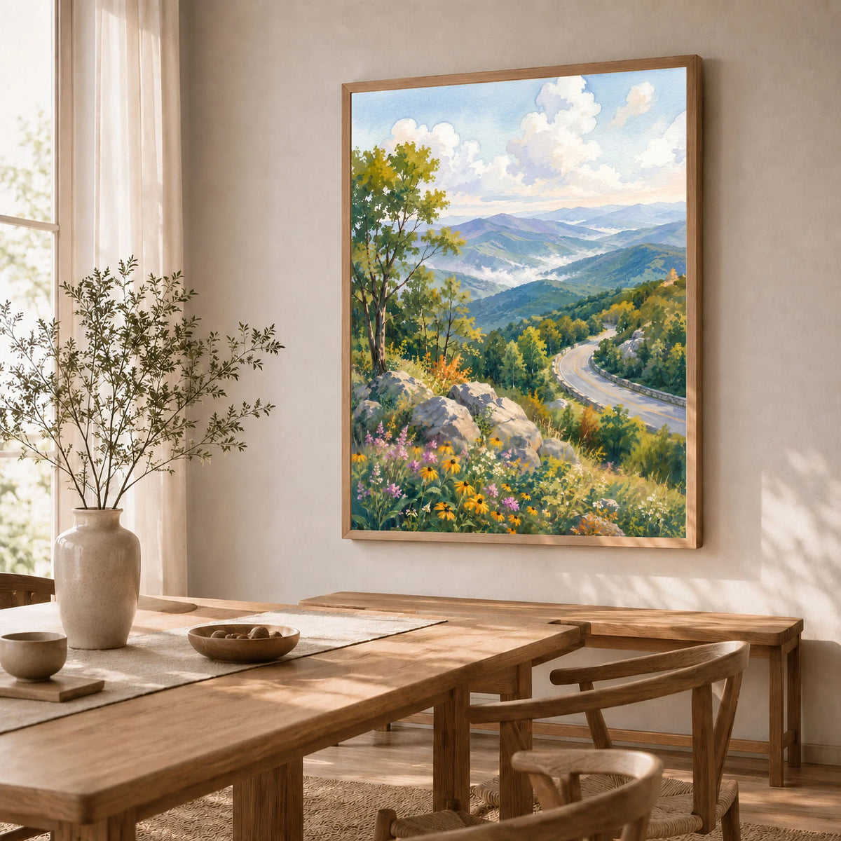 Shenandoah National Park Skyline Drive and Blue Ridge watercolour art print in a natural wood frame in a dining room