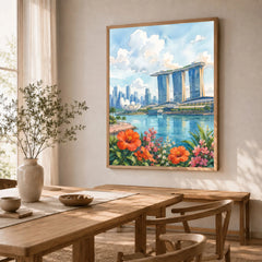 Singapore Marina Bay Sands skyline watercolour art print in a natural wood frame in a dining room