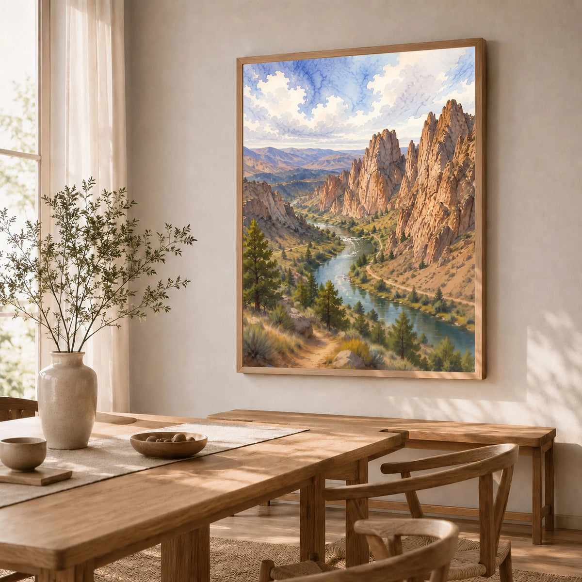 Smith Rock State Park Crooked River below the rock spires watercolour art print in a natural wood frame in a dining room