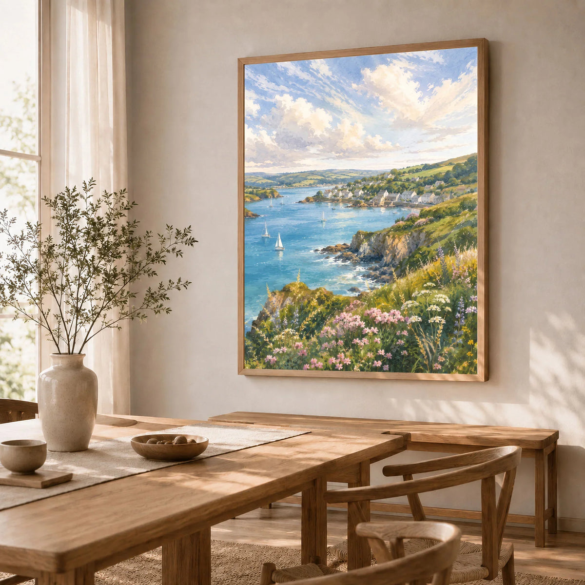 South Devon estuary village and sailing boats watercolour art print in a natural wood frame in a dining room