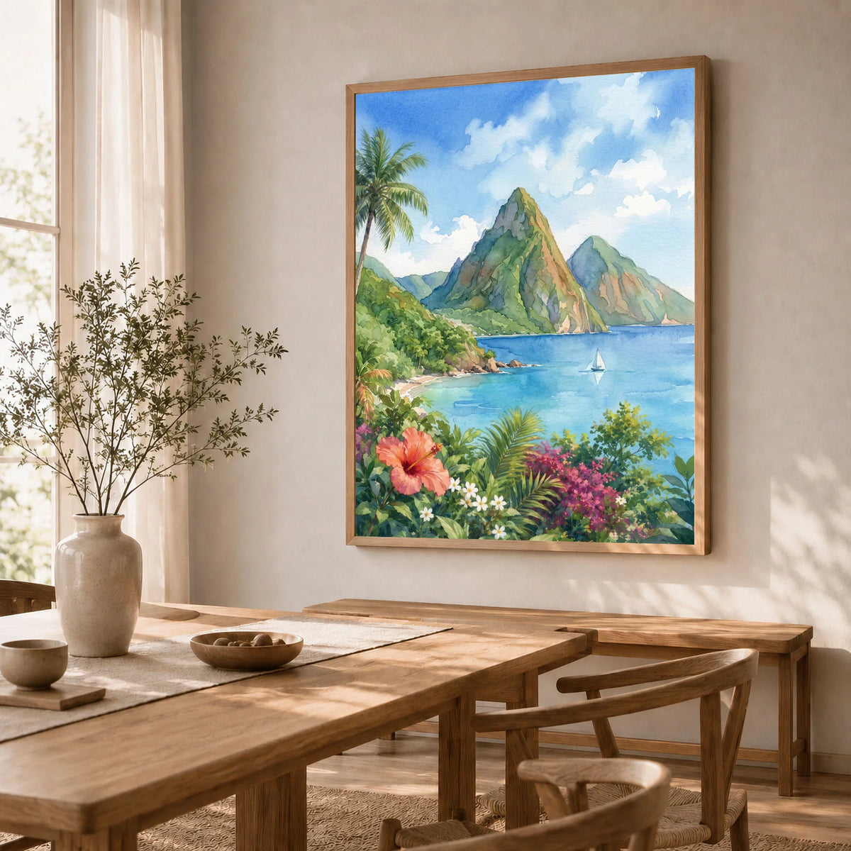 St Lucia the Pitons and bay watercolour art print in a natural wood frame in a dining room