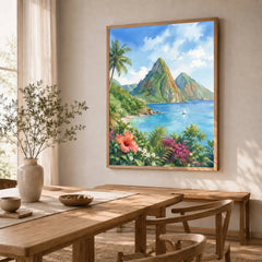 St Lucia the Pitons and bay watercolour art print in a natural wood frame in a dining room
