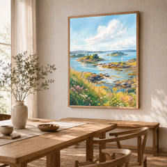 Strangford Lough islands and sailing boats watercolour art print in a natural wood frame in a dining room
