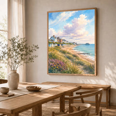 Suffolk Coast Southwold pier and beach huts watercolour art print in a natural wood frame in a dining room