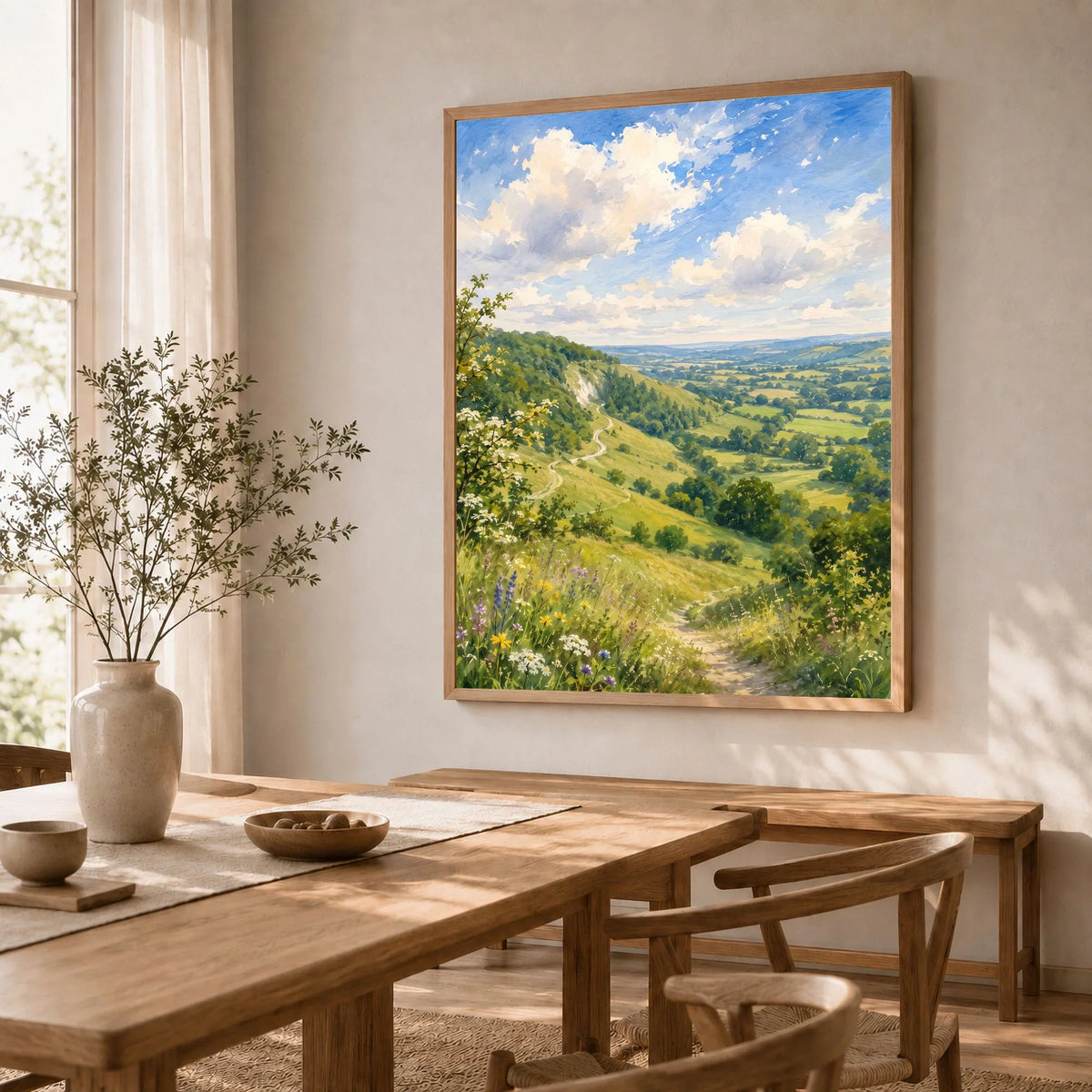 Surrey Hills wooded valley path watercolour art print in a natural wood frame in a dining room
