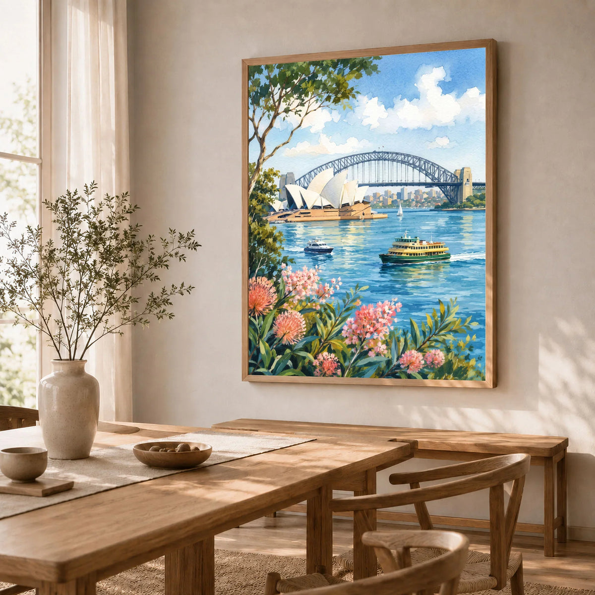 Sydney Opera House and Harbour Bridge watercolour art print in a natural wood frame in a dining room
