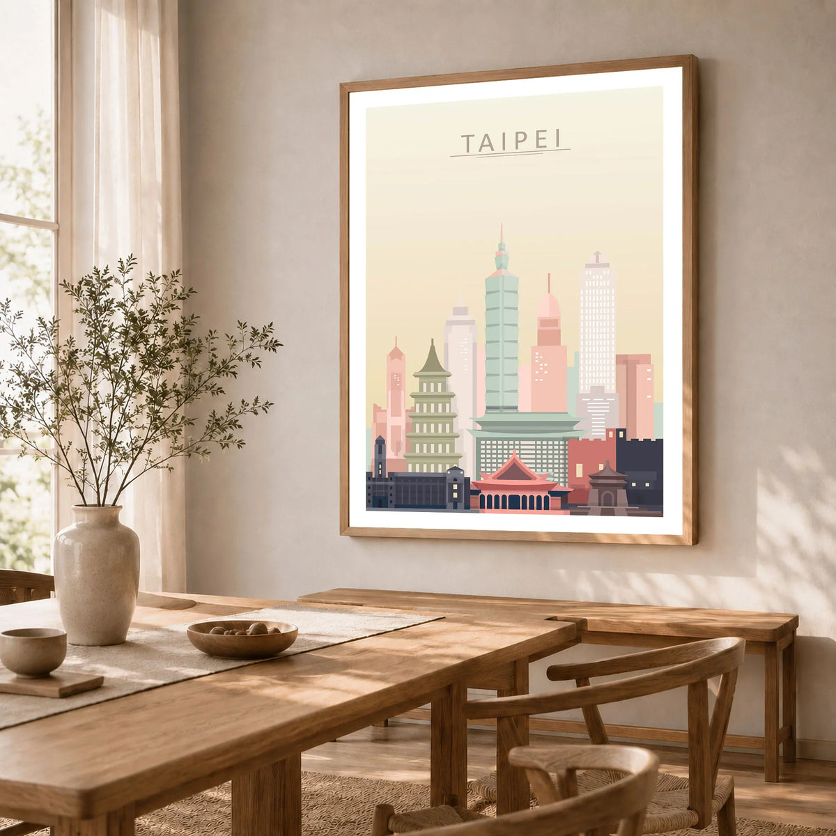 Taipei city skyline art print in a natural wood frame in a dining room