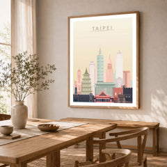 Taipei city skyline art print in a natural wood frame in a dining room