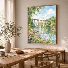 Tamar Valley Calstock Viaduct over the river watercolour art print in a natural wood frame in a dining room