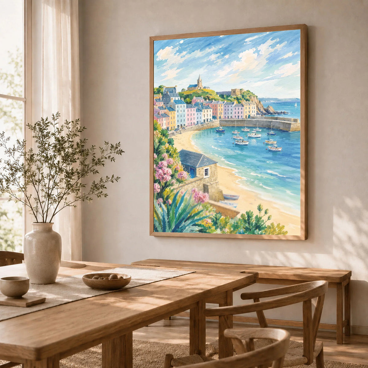 Tenby pastel harbour houses and beach watercolour art print in a natural wood frame in a dining room