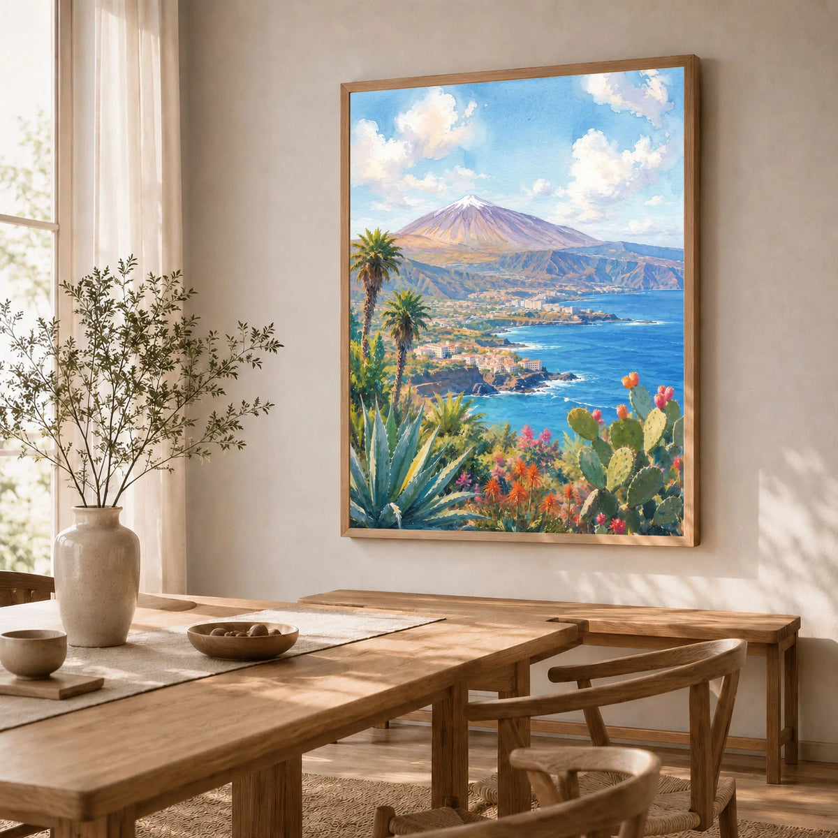 Tenerife Mount Teide and coast watercolour art print in a natural wood frame in a dining room