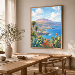 Tenerife Mount Teide and coast watercolour art print in a natural wood frame in a dining room