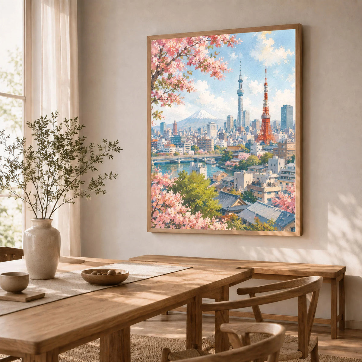 Tokyo Tokyo Tower, Skytree and Mount Fuji watercolour art print in a natural wood frame in a dining room