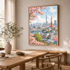 Tokyo Tokyo Tower, Skytree and Mount Fuji watercolour art print in a natural wood frame in a dining room