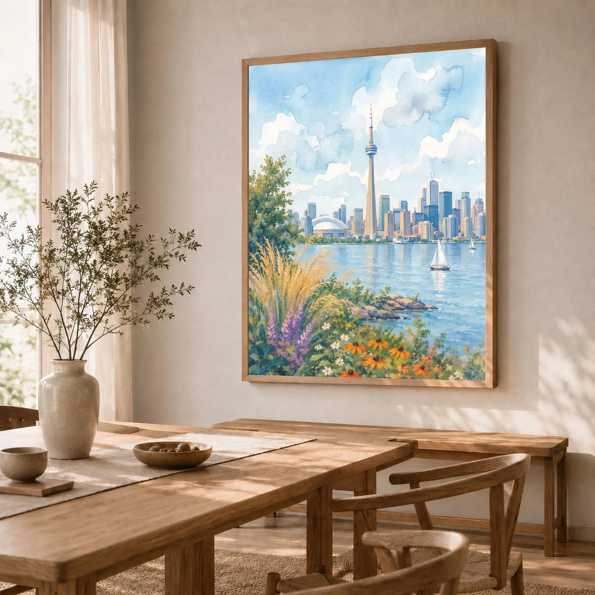 Toronto CN Tower skyline over Lake Ontario watercolour art print in a natural wood frame in a dining room