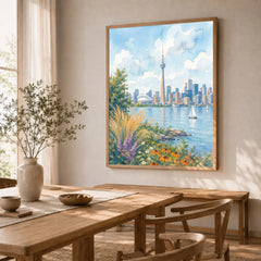 Toronto CN Tower skyline over Lake Ontario watercolour art print in a natural wood frame in a dining room