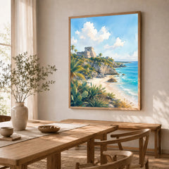 Tulum Mayan ruins above the beach watercolour art print in a natural wood frame in a dining room