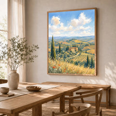 Tuscany rolling hills and cypress trees watercolour art print in a natural wood frame in a dining room