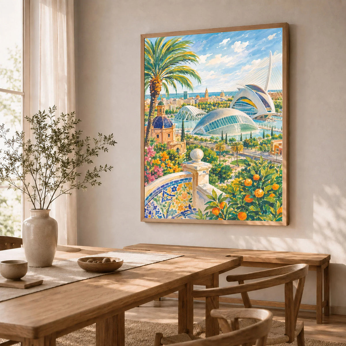 Valencia City of Arts and Sciences watercolour art print in a natural wood frame in a dining room