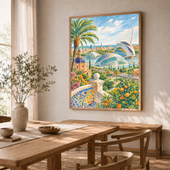 Valencia City of Arts and Sciences watercolour art print in a natural wood frame in a dining room