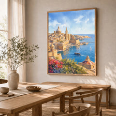 Valletta Grand Harbour and domes watercolour art print in a natural wood frame in a dining room
