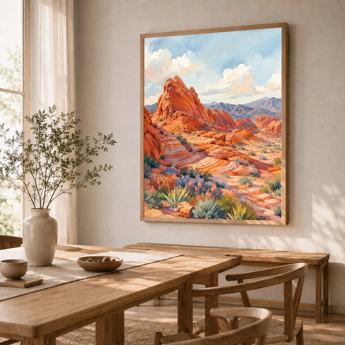 Valley of Fire State Park red sandstone waves watercolour art print in a natural wood frame in a dining room