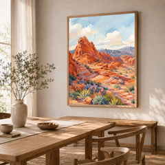 Valley of Fire State Park red sandstone waves watercolour art print in a natural wood frame in a dining room