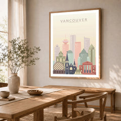 Vancouver city skyline art print in a natural wood frame in a dining room