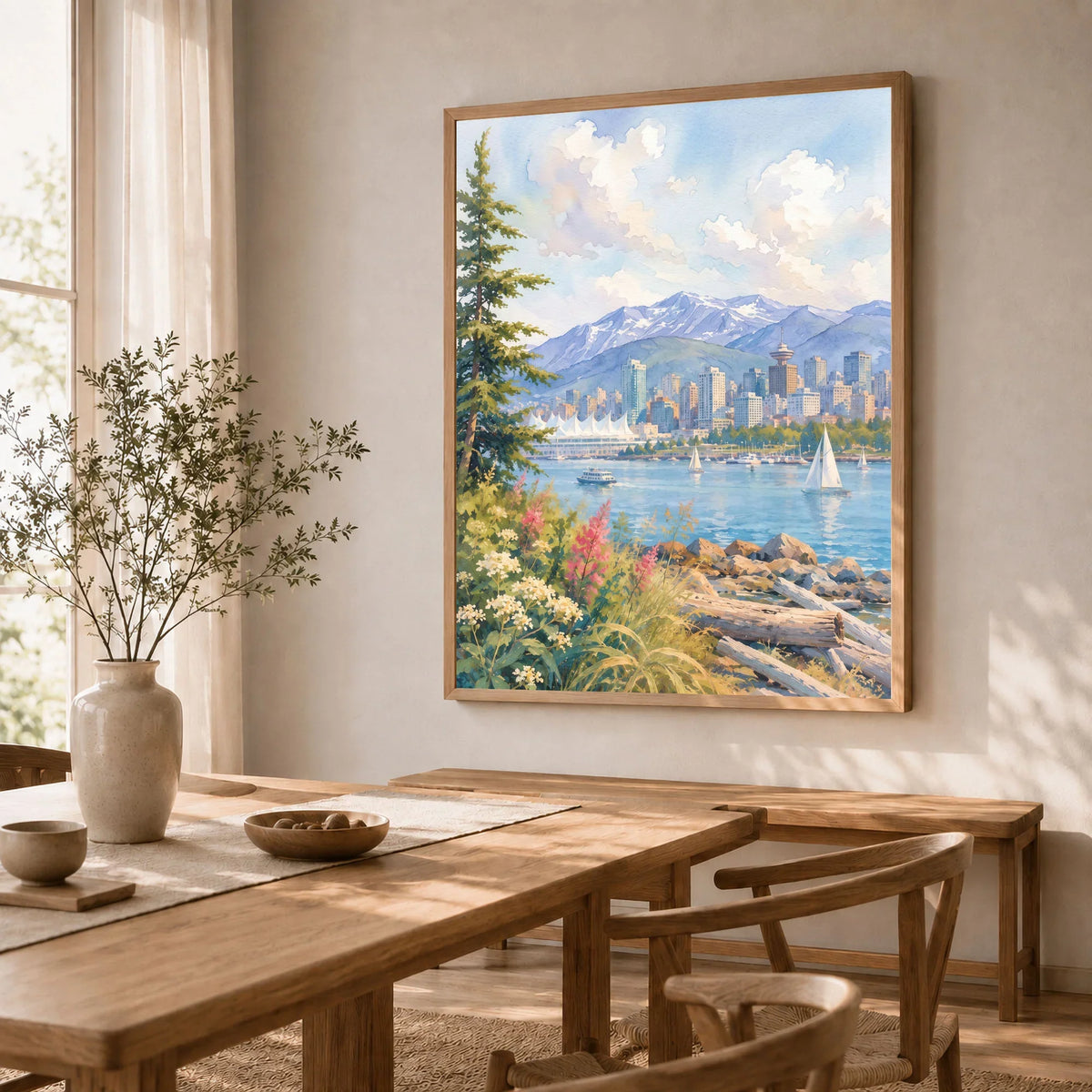 Vancouver harbour and North Shore mountains watercolour art print in a natural wood frame in a dining room