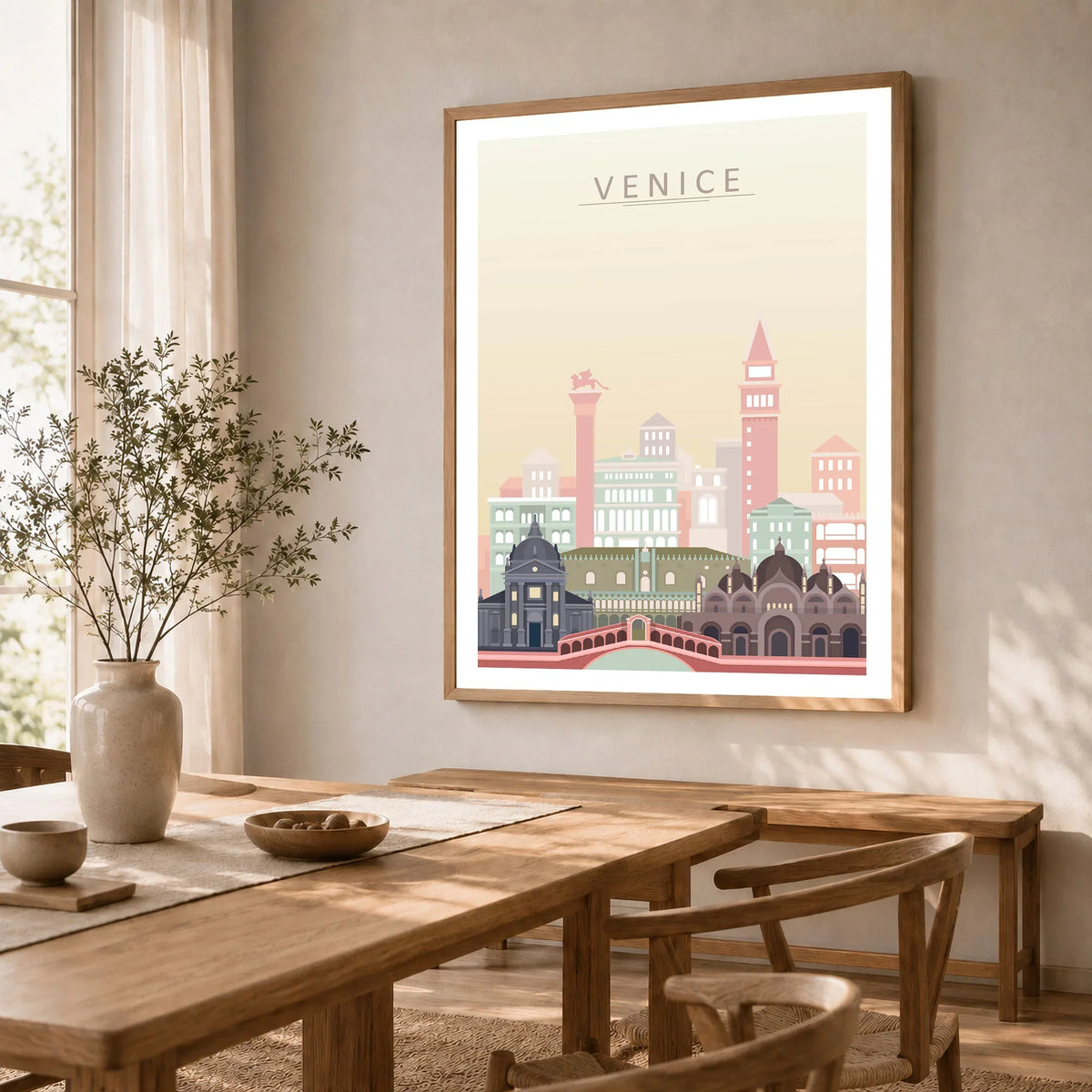 Venice city skyline art print in a natural wood frame in a dining room