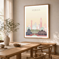 Venice city skyline art print in a natural wood frame in a dining room