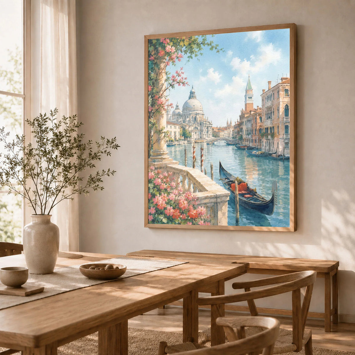 Venice Grand Canal, Salute dome and gondola watercolour art print in a natural wood frame in a dining room