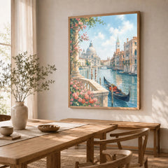 Venice Grand Canal, Salute dome and gondola watercolour art print in a natural wood frame in a dining room